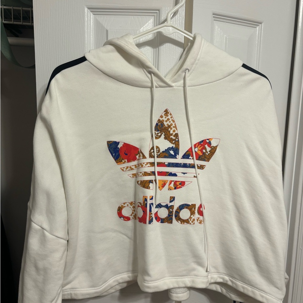 Adidas White Cropped Hoodie with Floral Logo